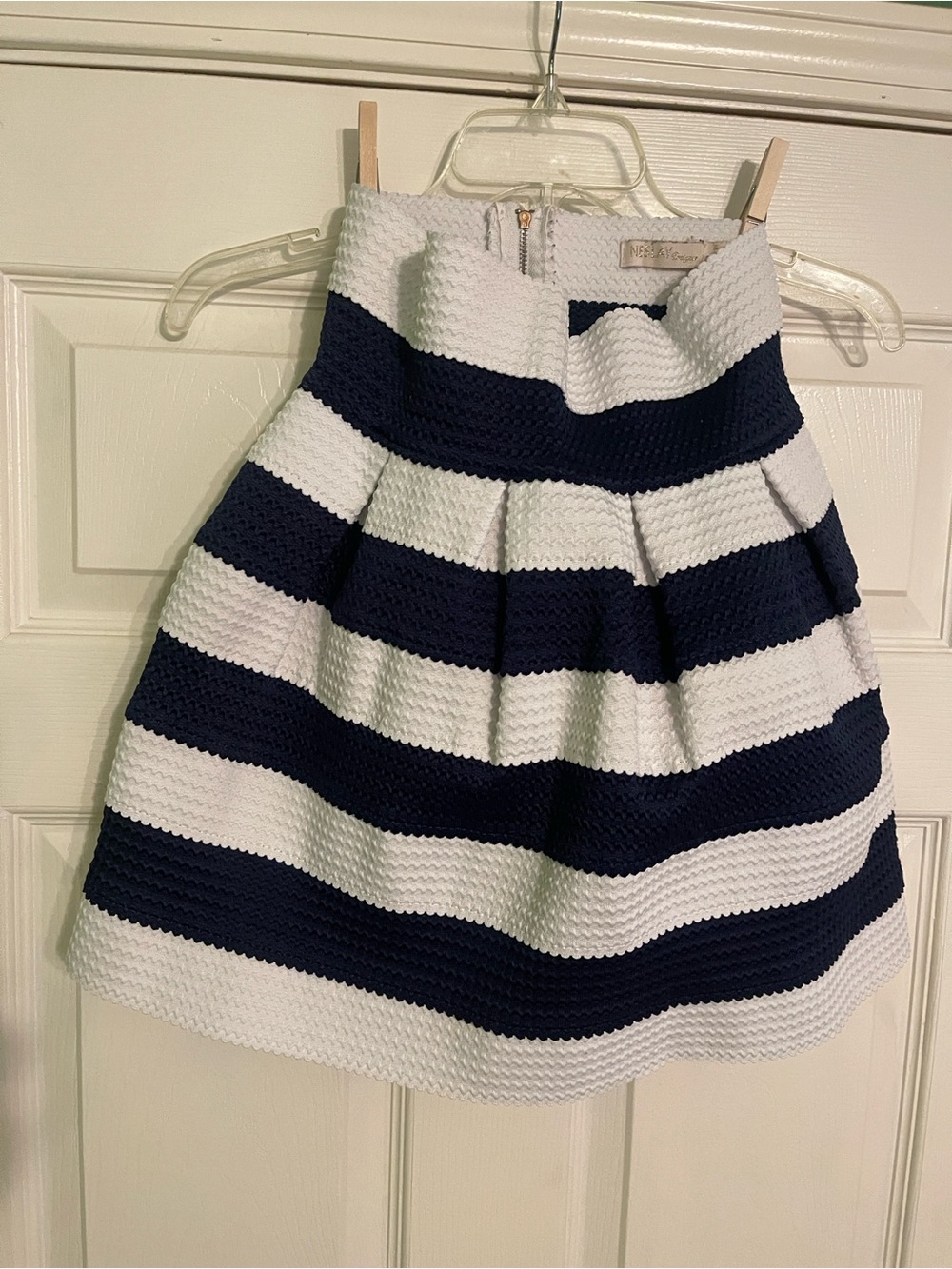 Textured Navy and White Striped A-Line Skirt